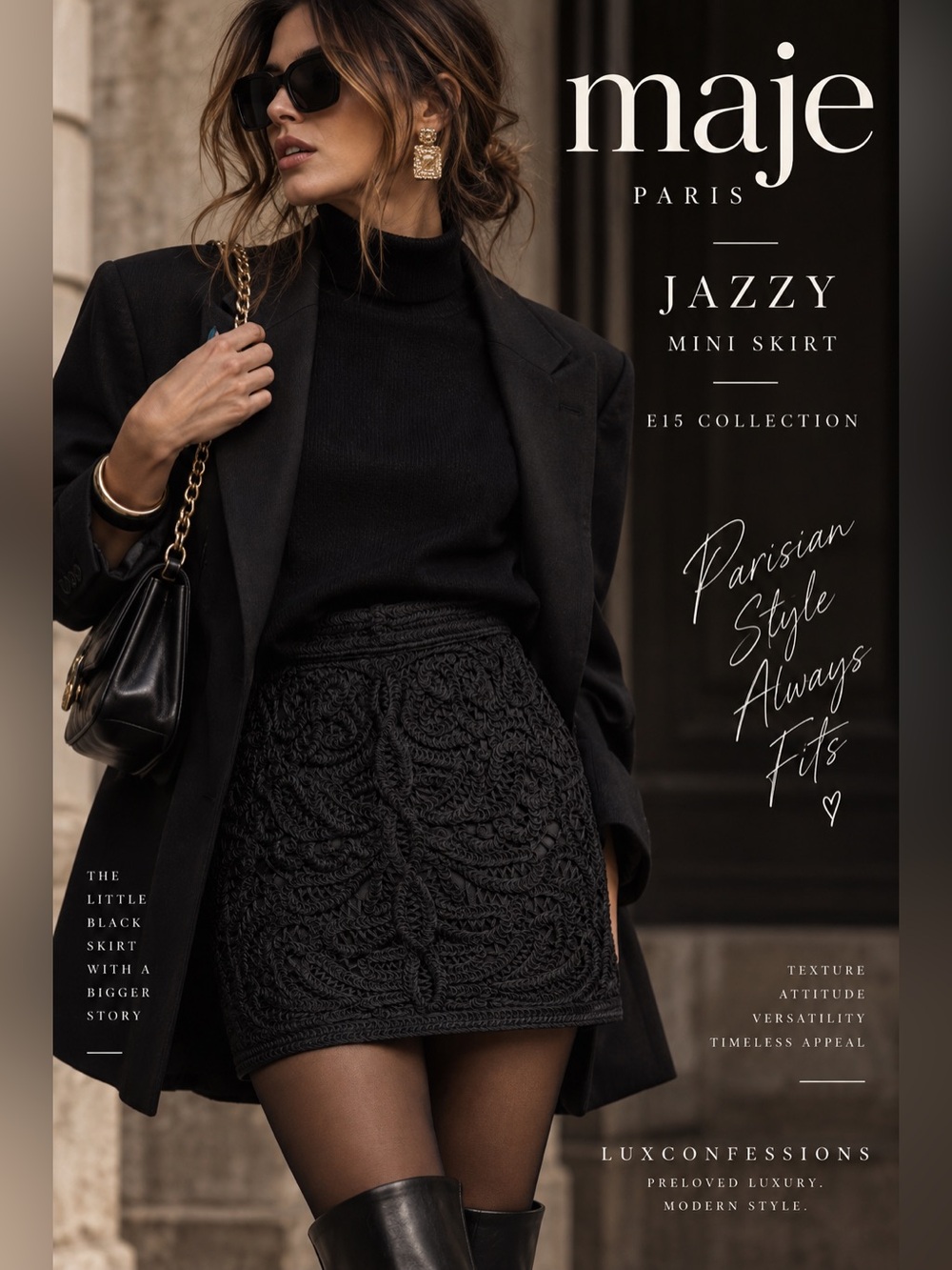 Maje Jazzy Black Embroidered Crochet Mini Skirt FR 40 or approx. US 6